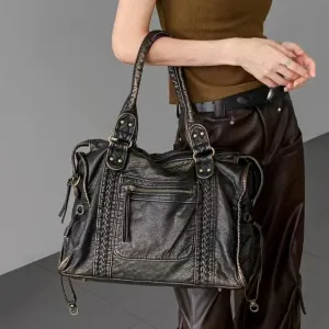 Vintage Washed Leather Motorcycle One Shoulder Crossbody Bag Large Capacity