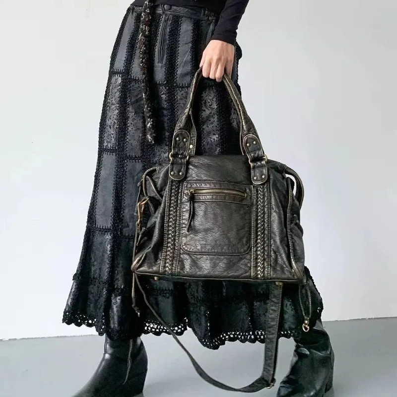 Vintage Washed Leather Motorcycle One Shoulder Crossbody Bag Large Capacity