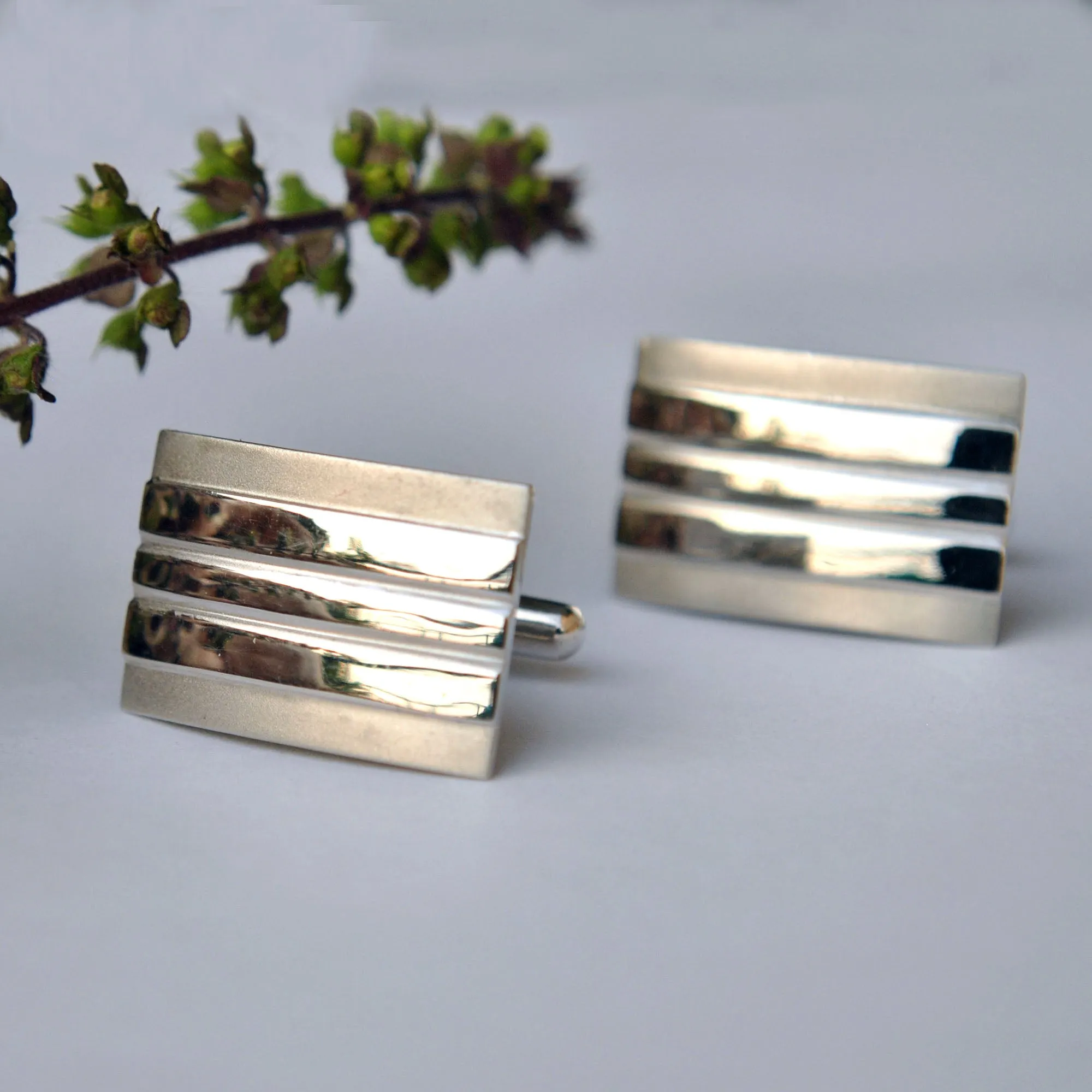 White Gold Geometric Cufflinks for Men in 14K Solid Gold, Matte & Glossy Rectangular Cufflinks