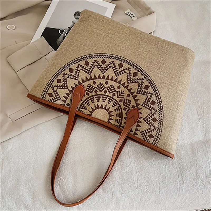 Women's Cotton Linen Printed Simple Commuting Handbags
