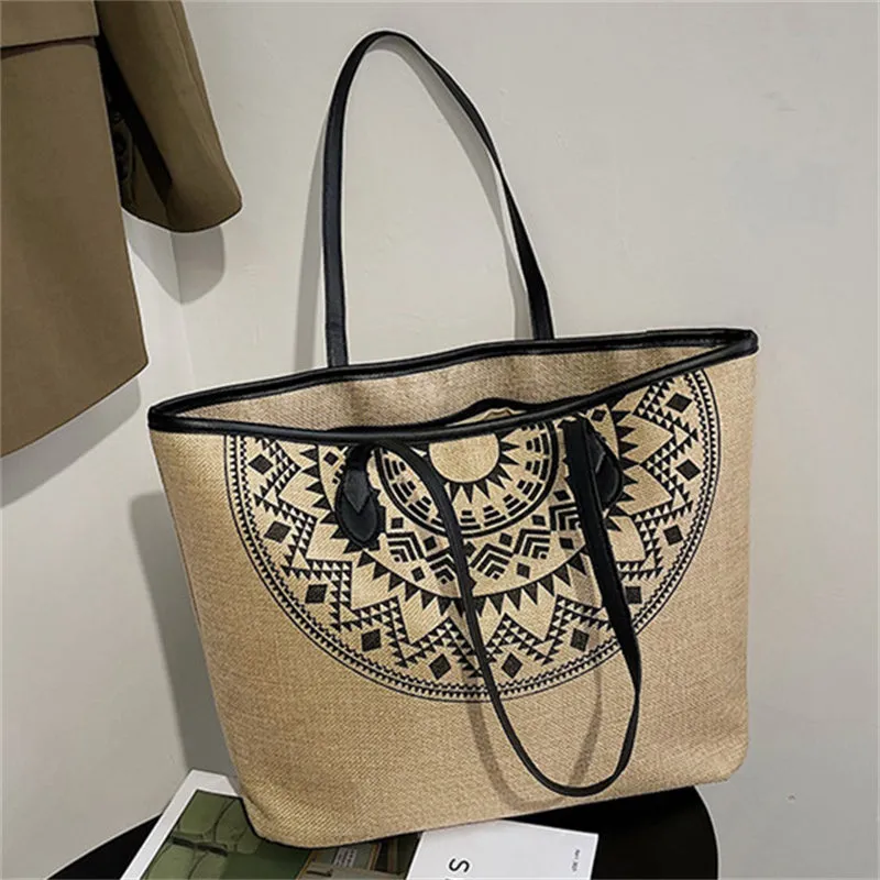 Women's Cotton Linen Printed Simple Commuting Handbags